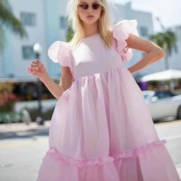 Selkie The Poptart Dream Girl Dress – Pink Organza Puff Sleeve Midi - Picture 2 of 11